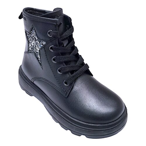 Anfibio primi passi bambina nero con stella argento glitter, lacci e zip laterale – Geox 10 Anfibio primi passi bambina nero con stella argento glitter, lacci e zip laterale – Geox
