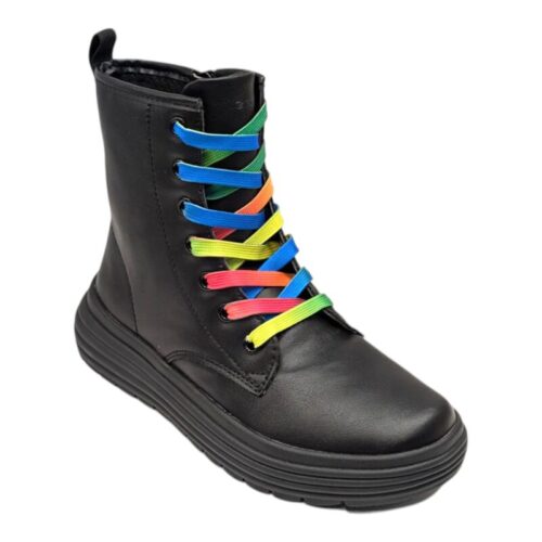 Anfibio total black per bambina con zip laterale e lacci multicolor - Geox 23 Anfibio total black con zip laterale e lacci multicolor - Geox