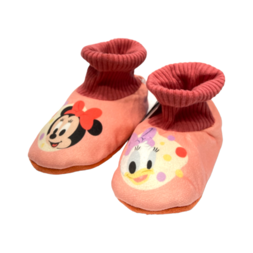 Babucce rosa salmone in tessuto per bambina con baby Minnie e baby Paperina - Cerdà