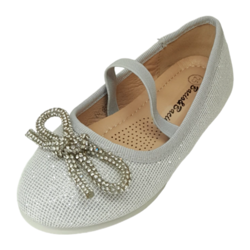 Ballerina argento glitter con fiocco strass ed elastico – BACIO & BACIO 17 Ballerina argento glitter con fiocco strass ed elastico – BACIO & BACIO