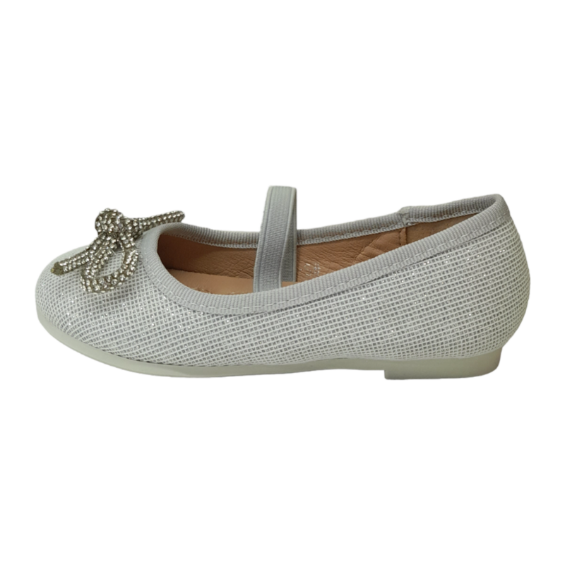 Ballerina argento glitter con fiocco strass ed elastico – BACIO & BACIO 3 Ballerina argento glitter con fiocco strass ed elastico – BACIO & BACIO