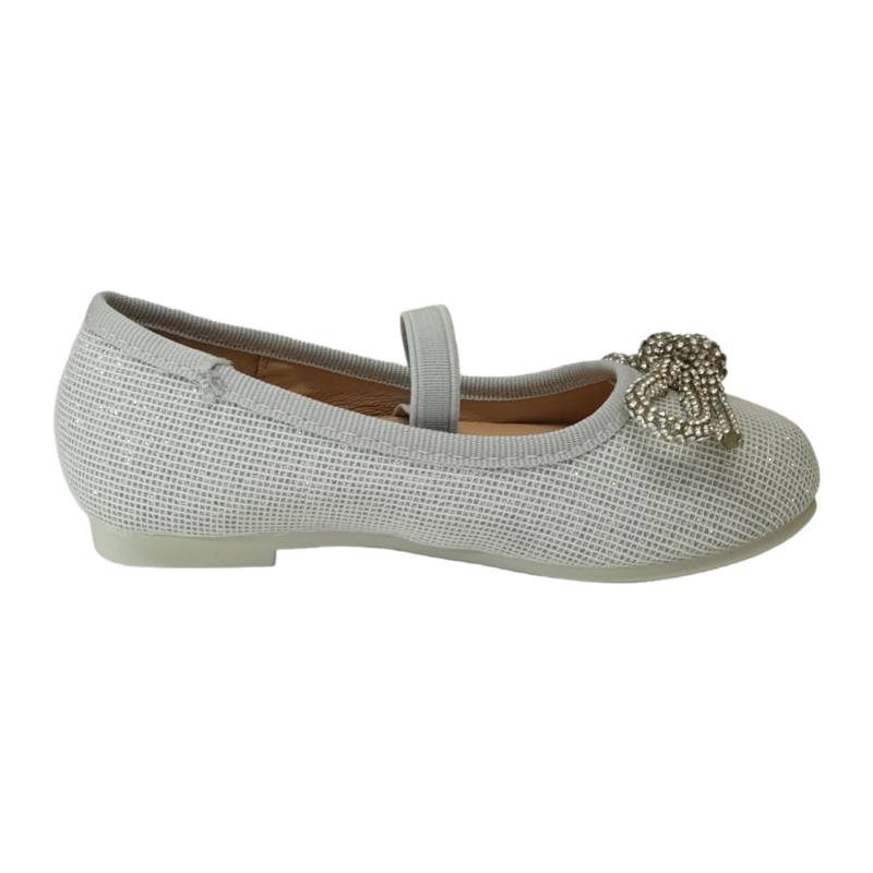 Ballerina argento glitter con fiocco strass ed elastico – BACIO & BACIO 2 Ballerina argento glitter con fiocco strass ed elastico – BACIO & BACIO