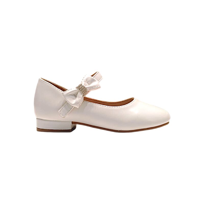 Ballerina bianca con tacco basso per bambina con cinturino a strappo e fiocco bianco con strass – DOREMÌ 2 Ballerina bianca con tacco basso per bambina con cinturino a strappo e fiocco bianco con strass – DOREMÌ