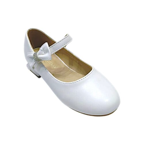 Ballerina bianca con tacco basso per bambina con cinturino a strappo e fiocco bianco con strass – DOREMÌ