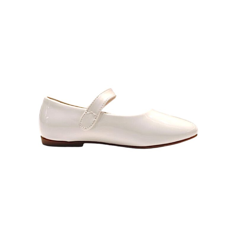 Ballerina bianca in vernice lucida per bambina con applicazione floreale sulla chiusura a strappo – DOREMÌ 2 Ballerina bianca in vernice lucida per bambina con applicazione floreale sulla chiusura a strappo – DOREMÌ
