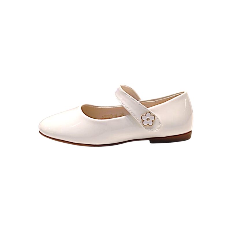 Ballerina bianca in vernice lucida per bambina con applicazione floreale sulla chiusura a strappo – DOREMÌ 3 Ballerina bianca in vernice lucida per bambina con applicazione floreale sulla chiusura a strappo – DOREMÌ