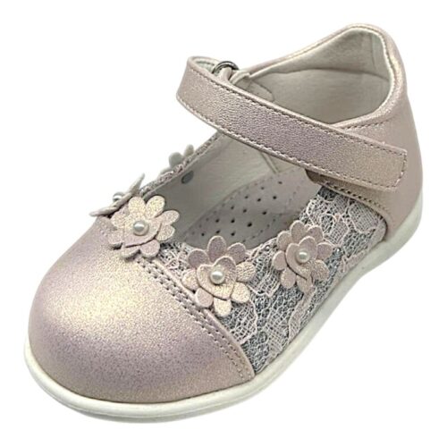 Ballerina da cerimonia baby per bambina rosa cipria con inserti in pizzo, applicazioni floreali frontali e chiusura a strappo – Giardino d'Oro