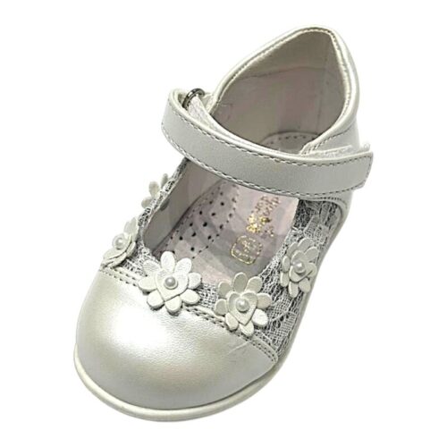 Ballerina da cerimonia per bambina bianco perlato con inserti in pizzo, applicazioni floreali frontali e chiusura a strappo – Giardino d'Oro