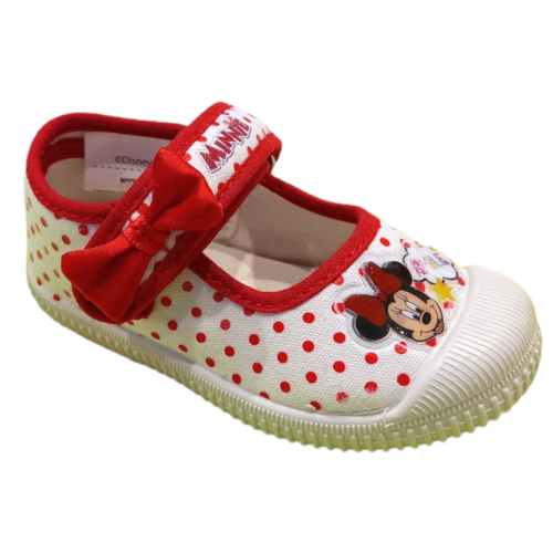 Ballerina per bambina Minnie in tessuto bianco con pois rossi, fiocchetto rosso e apertura a strappo – Easy Shoes