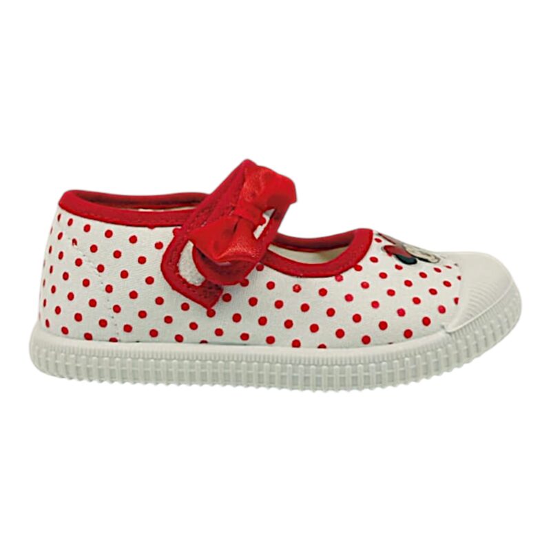 Ballerina per bambina Minnie in tessuto bianco con pois rossi, fiocchetto rosso e apertura a strappo – Easy Shoes 2 Ballerina per bambina Minnie in tessuto bianco con pois rossi, fiocchetto rosso e apertura a strappo – Easy Shoes