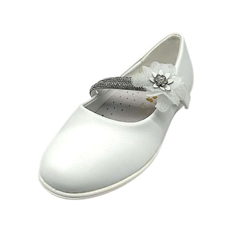 Ballerina bianca per bambina con cinturino di strass e applicazione fiore con strappo – Giardino d'Oro 1 Ballerina per bambina bianca con cinturino di strass e applicazione fiore con strappo – Giardino d'Oro