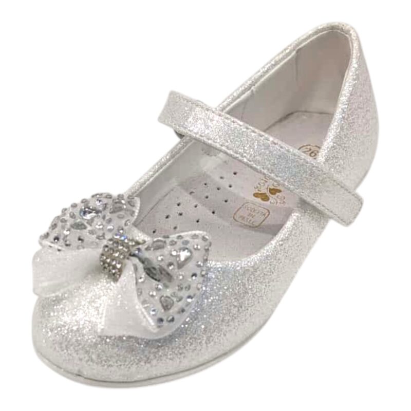 Ballerina bianca glitter per bambina con fiocco tulle, Swarovski e cinturino strappo – Giardino d'Oro 1 Ballerina per bambina bianca glitter con fiocco tulle e Swarovski e cinturino strappo – Giardino d'Oro