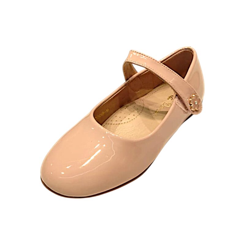 Ballerina rosa in vernice lucida per bambina con applicazione floreale e chiusura a strappo– DOREMÌ 1 Ballerina rosa in vernice lucida con applicazione floreale e chiusura a strappo per bambina – DOREMÌ