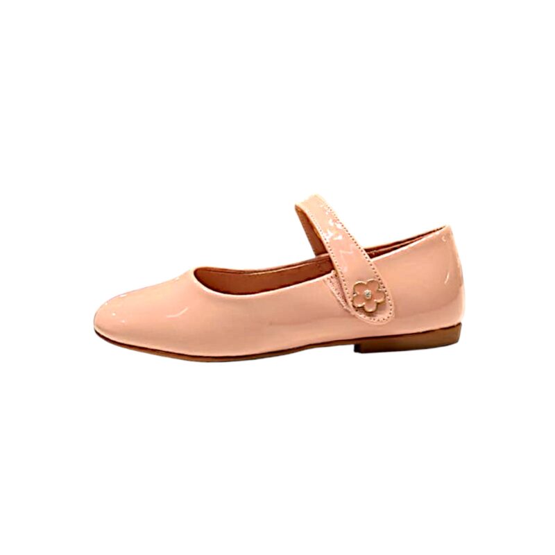 Ballerina rosa in vernice lucida per bambina con applicazione floreale e chiusura a strappo– DOREMÌ 3 Ballerina rosa in vernice lucida con applicazione floreale e chiusura a strappo per bambina – DOREMÌ