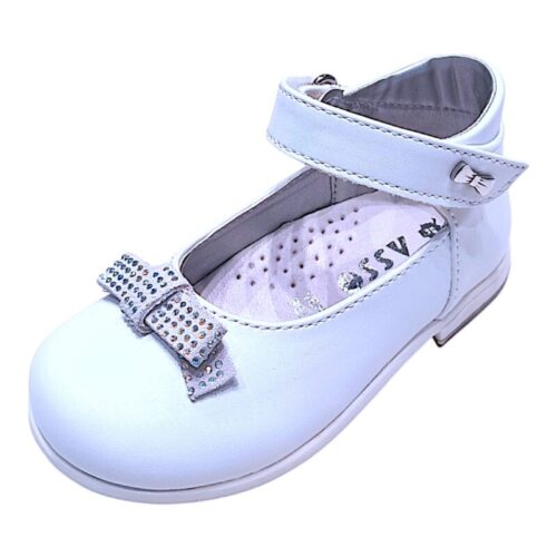 Ballerine baby bianca con fiocco strass e cinturino a strappo - Asso