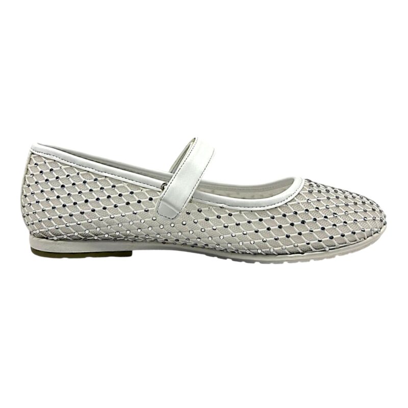 Ballerine bambina bianche traforate con strass e strappo – Asso 2 Ballerine bambina bianche traforate con strass e strappo – Asso
