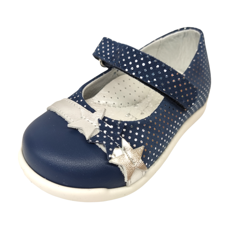 Ballerine bambina in vitello blu con pois argento - Rossano