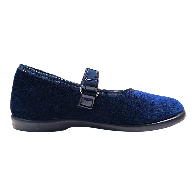 Ballerine primi passi da cerimonia in velluto blu navy per bambina con bordo interno e strappo in vernice blu navy - Vul·ladi 2 Ballerine primi passi da cerimonia in velluto blu navy per bambina con bordo interno e strappo in vernice blu navy - Vul·ladi