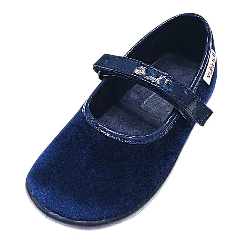 Ballerine primi passi da cerimonia in velluto blu navy per bambina con bordo interno e strappo in vernice blu navy - Vul·ladi 1 Ballerine primi passi da cerimonia in velluto blu navy per bambina con bordo interno e strappo in vernice blu navy - Vul·ladi