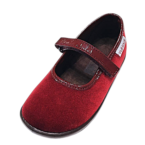 Ballerine primi passi da cerimonia in velluto bordeaux per bambina con inserti in vernice bordeaux e strappo - Vul·Ladi