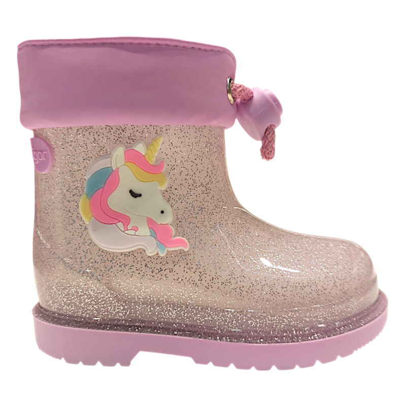 Calosce da pioggia per bambina in gomma lilla glitter con unicorno e chiusura a laccio - Igor 2 Calosce da pioggia per bambina in gomma lilla glitter con unicorno e chiusura a laccio - Igor