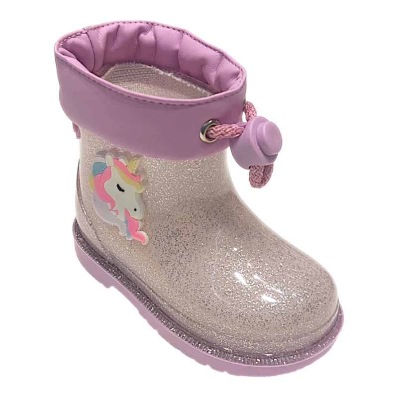 Calosce da pioggia per bambina in gomma lilla glitter con unicorno e chiusura a laccio - Igor 1 Calosce da pioggia per bambina in gomma lilla glitter con unicorno e chiusura a laccio - Igor