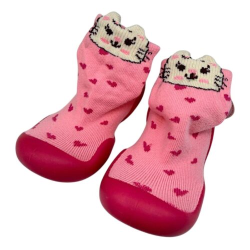 Calzini-Ciabatte rosa primi passi per bambina con cuori, suola in gomma fucsia e gattino - Garvalín