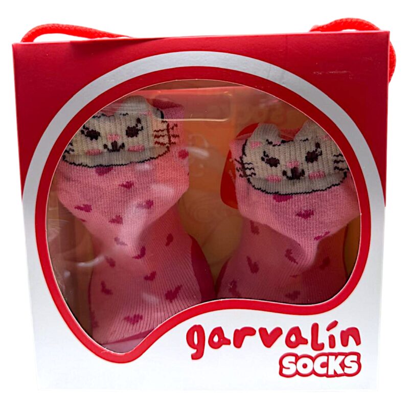 Calzini-Ciabatte rosa primi passi per bambina con cuori, suola in gomma fucsia e gattino - Garvalín 2 Calzini-Ciabatte rosa primi passi per bambina con cuori, suola in gomma fucsia e gattino - Garvalín