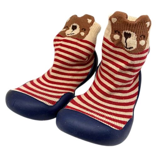 Calzini primi passi con suola in gomma a righe beige-rosso per bambino con orsetto e suola blu - Garvalín