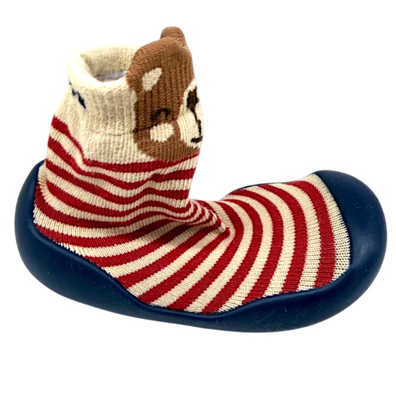 Calzini/Ciabatte primi passi a righe beige-rosso per bambino con orsetto decorativo e suola in gomma blu - Garvalín 3 Calzini primi passi con suola in gomma a righe beige-rosso per bambino con orsetto e suola blu - Garvalín