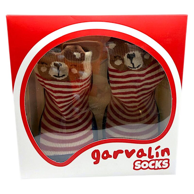 Calzini/Ciabatte primi passi a righe beige-rosso per bambino con orsetto decorativo e suola in gomma blu - Garvalín 2 Calzini primi passi con suola in gomma a righe beige-rosso per bambino con orsetto e suola blu - Garvalín