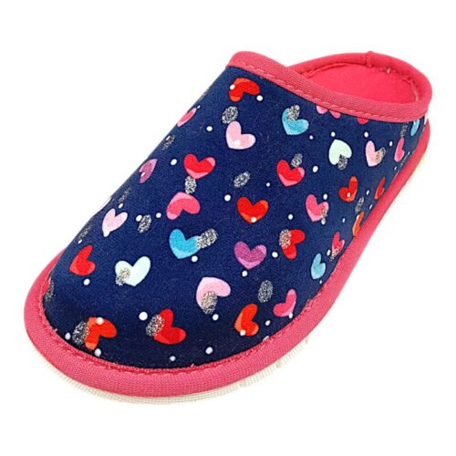 Ciabatta blu-fucsia per bambina con cuoricini multicolor in tessuto – Grünland