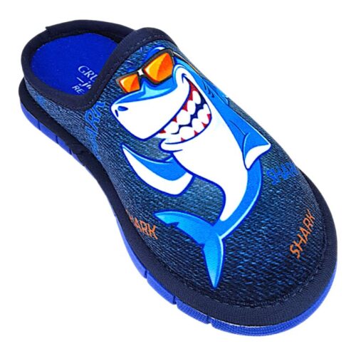 Ciabatta blu per bambino con squalo e scritte shark in tessuto – Grünland