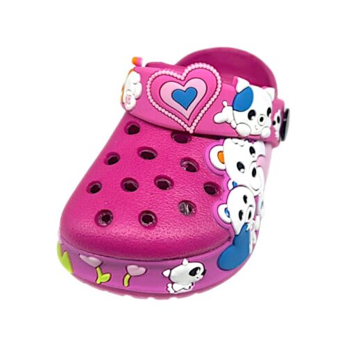 Ciabatta fucsia in gomma tipo crocs per bambina primi passi  con orsetti, cuoricini e applicazioni decorative - Jomix Shoes