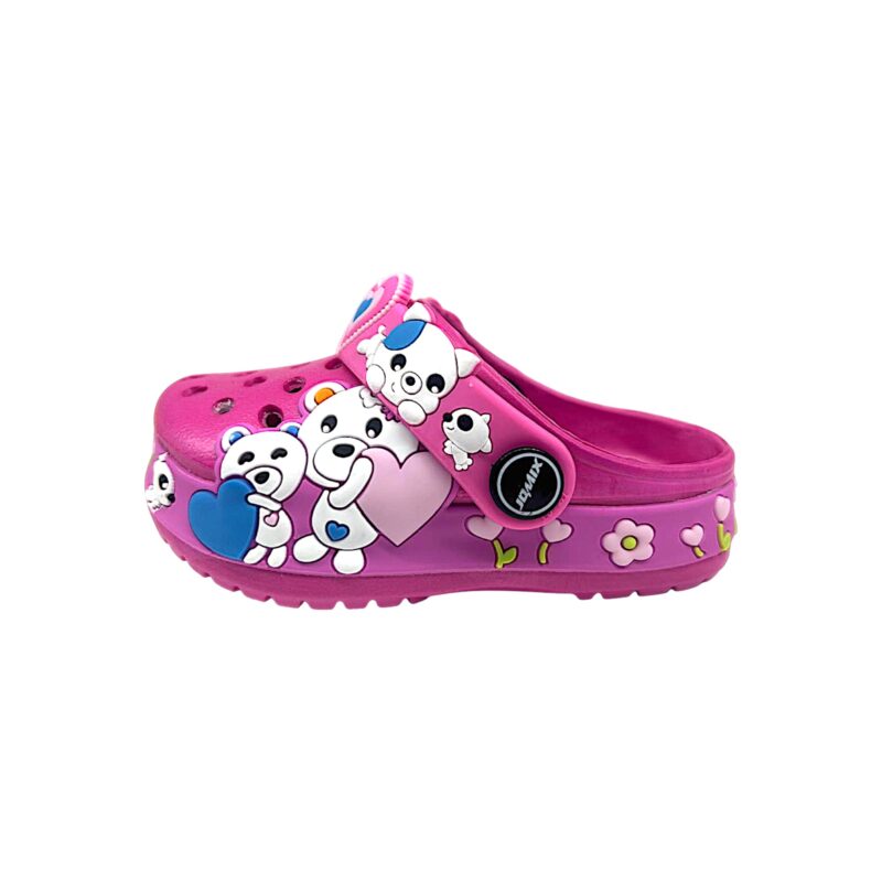 Ciabatta fucsia in gomma tipo crocs per bambina primi passi con orsetti, cuoricini e applicazioni decorative - Jomix Shoes 2 Ciabatta fucsia in gomma tipo crocs per bambina primi passi con orsetti, cuoricini e applicazioni decorative - Jomix Shoes