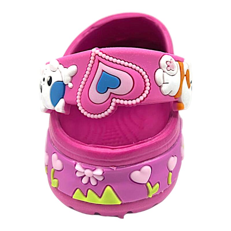 Ciabatta fucsia in gomma tipo crocs per bambina primi passi con orsetti, cuoricini e applicazioni decorative - Jomix Shoes 3 Ciabatta fucsia in gomma tipo crocs per bambina primi passi con orsetti, cuoricini e applicazioni decorative - Jomix Shoes
