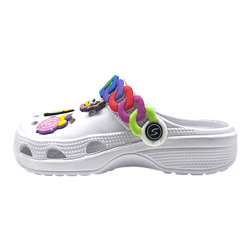 Ciabatta in gomma bianca per bambina tipo crocs con applicazioni multicolor - Hotsand 2 Ciabatta in gomma bianca per bambina tipo crocs con applicazioni multicolor - Hotsand