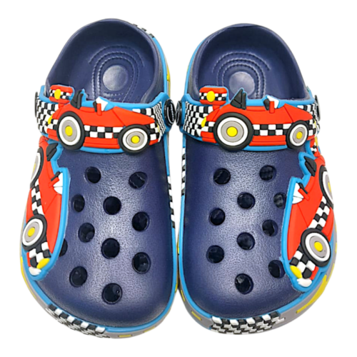 Ciabatta in gomma blu per bambino primi passi tipo crocs con auto da corsa rossa e applicazioni decorative - Jomix Shoes