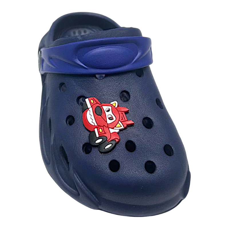 Ciabatta infradito in gomma azzurra per bambino con logo sulla fascia - Hotsand 1 Ciabatta in gomma blu-rossa per bambino tipo crocs con applicazione decorativa - Hotsand