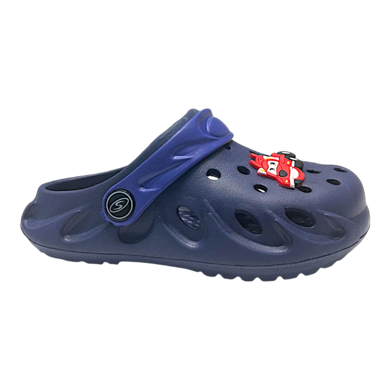 Ciabatta infradito in gomma azzurra per bambino con logo sulla fascia - Hotsand 2 Ciabatta in gomma blu-rossa per bambino tipo crocs con applicazione decorativa - Hotsand