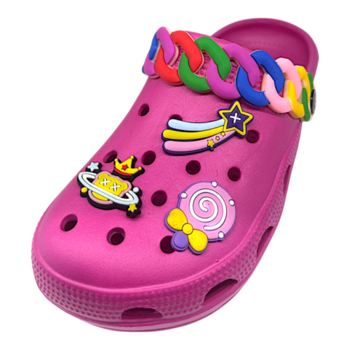 Ciabatta in gomma fucsia per bambina tipo crocs con applicazioni multicolor - Hotsand 6 Ciabatta in gomma fucsia per bambina tipo crocs con applicazioni multicolor - Hotsand