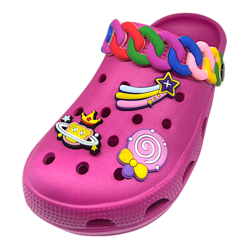 Ciabatta in gomma fucsia per bambina tipo crocs con applicazioni multicolor - Hotsand 1 Ciabatta in gomma fucsia per bambina tipo crocs con applicazioni multicolor - Hotsand