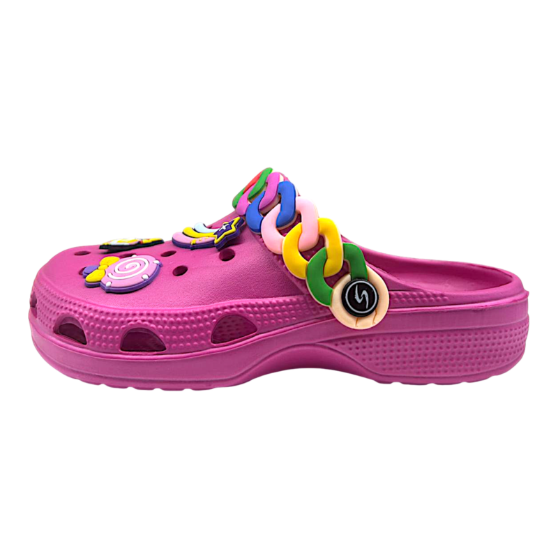 Ciabatta in gomma fucsia per bambina tipo crocs con applicazioni multicolor - Hotsand 2 Ciabatta in gomma fucsia per bambina tipo crocs con applicazioni multicolor - Hotsand