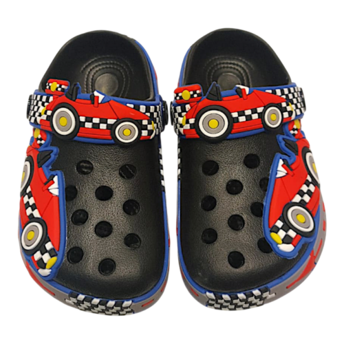 Ciabatta in gomma nera per bambino primi passi tipo crocs con auto da corsa e applicazioni decorative - Jomix Shoes