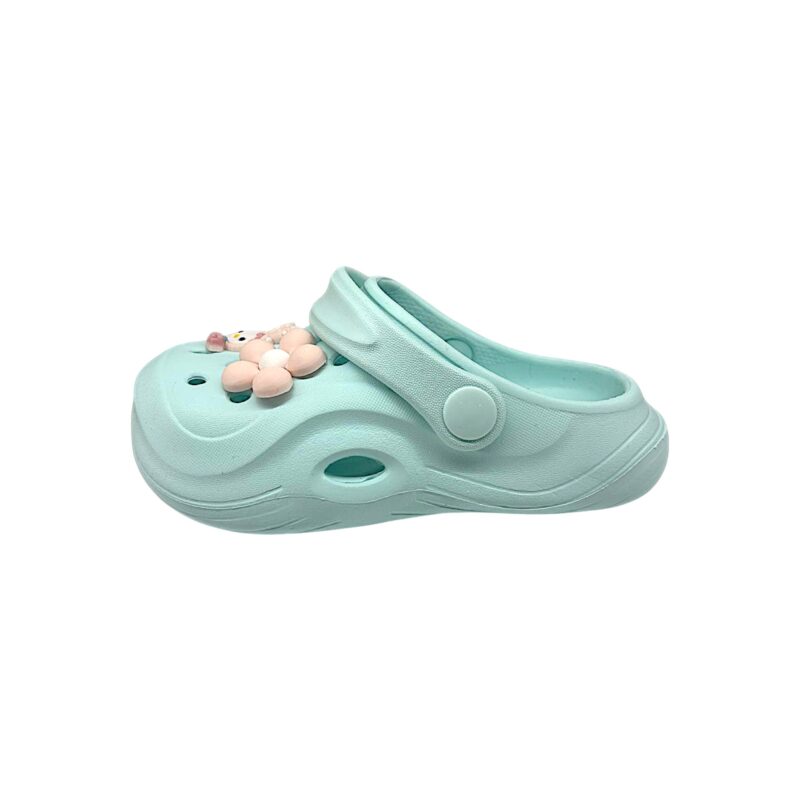 Ciabatta in gomma verde acqua per bambina tipo crocs con coniglietto, fiore e fascia posteriore - Jomix Shoes 2 Ciabatta in gomma verde acqua per bambina tipo crocs con coniglietto, fiore e fascia posteriore - Jomix Shoes