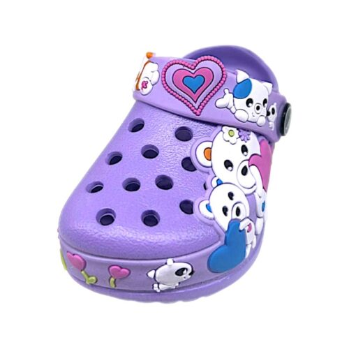 Ciabatta lilla in gomma per bambina tipo crocs con cuoricini, orsetti e fascia posteriore - Jomix Shoes