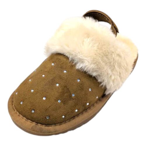 Ciabatta per bambina color cuoio tipo UGG  con applicazioni di strass