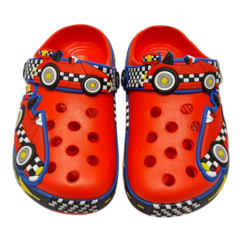 Ciabatta rossa in gomma per bambino primi passi tipo crocs con auto da corsa e applicazioni decorative - Jomix Shoes