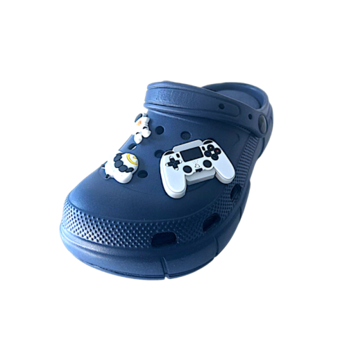 Ciabatte sabot per bambino tipo crocs blu scuro a tema spazio-joystick con chiusura a fascia posteriore – Sesamall Shoes