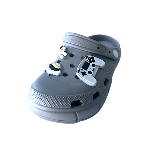 Ciabatte sabot per bambino tipo crocs grigie a tema spazio-joystick con chiusura a fascia posteriore – Sesamall Shoes